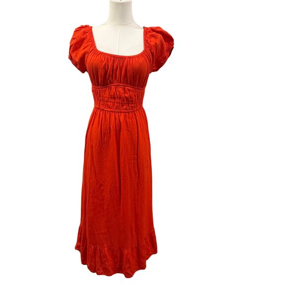 Sim Sam Milkmaid Linen Blend Midi Dress Orange M Cottagecore Peasant Ruffle Hem - Picture 2 of 8